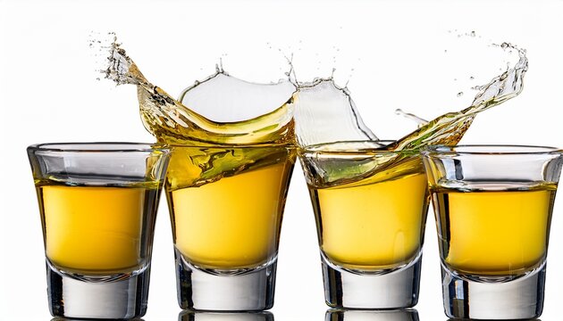 glasses shot of tequila making toast with splash isolated on trasparent or white background