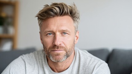 portrait of middle aged man wear light t-shirt at living room