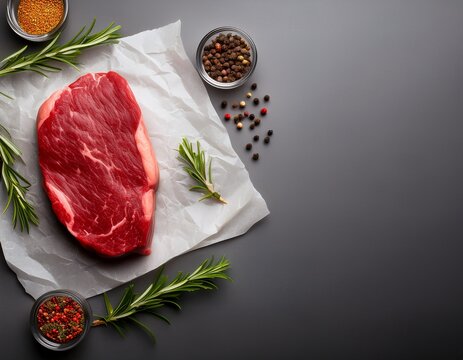 raw fresh beef steak on a paper with spices on a gray background top view with copy space high quality photo - Powered by Adobe