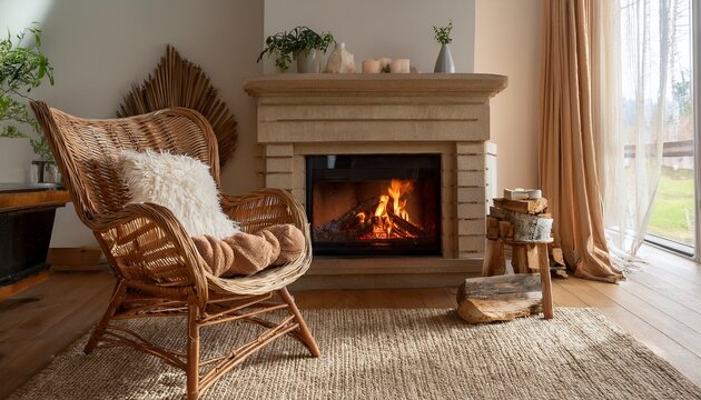 cozy boho armchair by roaring fireplace a haven of relaxation
