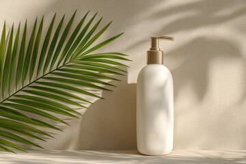 White empty cosmetic pump bottle mockup against design beige wall with palm leaf. Beauty and skincare concept background.