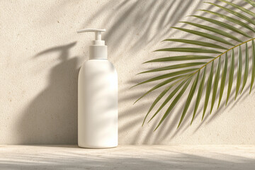 White empty cosmetic pump bottle mockup against design beige wall with palm leaf. Beauty and skincare concept background.