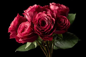 Fototapeta premium The arrangement of rich red roses in close-up on a dark background puts their beautiful petals and fine details on full display