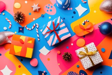 Colorful wrapped gifts with festive decorations and abstract shapes on light background