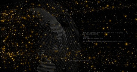 Displaying 3D binary globe rotating in data space, with golden sparks and code streams, copy space