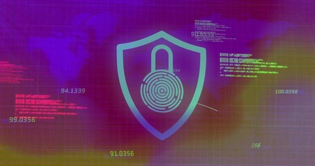 Displaying shield icon merging padlock and fingerprint over grid, with neon code and purple map