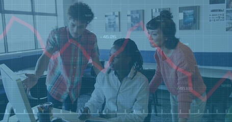 Collaborating professionals in business attire around monitor in open office with data overlay