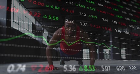 Man doing push-up in red sleeveless top at gym, with floating stock tickers and line graph