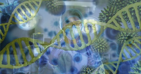 Chinese researcher wearing hazmat suit analyzing samples in biosafety lab, with DNA virus overlays © vectorfusionart