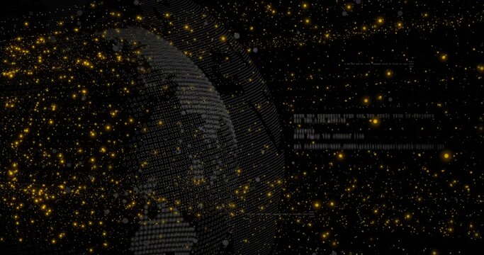 Displaying 3D binary globe rotating in data space, with golden sparks and code streams, copy space