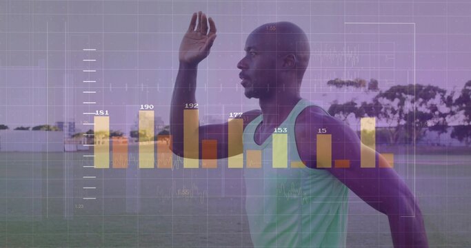Sprinting male runner wearing mint top and shorts on grass field, with chart and graph overlay