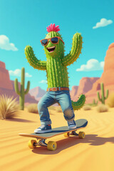 cactus in the desert on a skateboard
