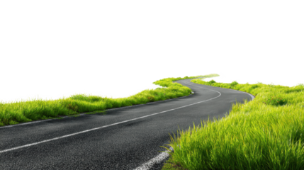 Winding asphalt road disappearing into the horizon surrounded by lush green grass with transparent background, perfect for travel and journey concepts