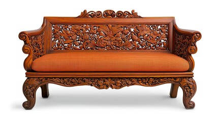 A beautifully carved wooden sofa featuring ornate floral designs and an orange upholstered seat, showcasing craftsmanship and elegance.