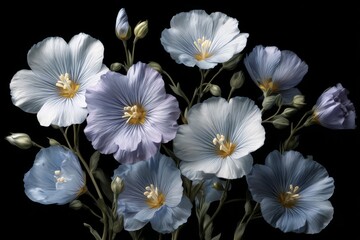 Fototapeta premium Beautiful blue blooms are prominently displayed against a dark canvas, accentuating their delicate intricacies