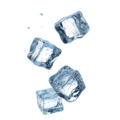 Obraz premium Four ice cubes splash into water, creating droplets and bubbles that highlight the coolness of ice