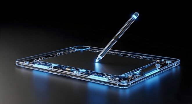 Futuristic digital tablet with stylus pen, showcasing advanced technology and sleek design for creative professionals and tech enthusiasts