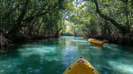 Fototapeta premium Yellow kayak navigates through crystal-clear water, lined with lush mangrove trees. Showcase eco-tourism, outdoor adventure, or tropical vacation vibes easily.