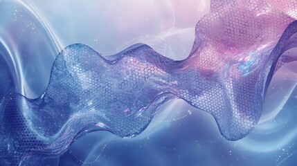 Shimmering digital wave with a hexagonal lattice structure symbolizing futuristic data networks, scientific innovation, and flowing energy