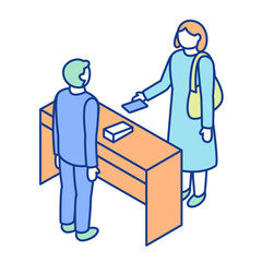 An isometric illustration of a person making a cashless payment at the reception desk. A clerk and a shopper face each other across the counter.