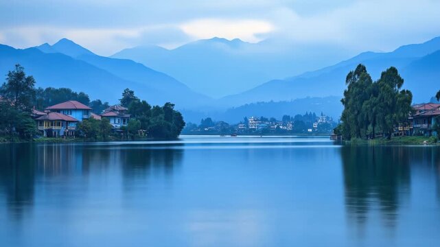 Serene Blue Lake at Dusk with Mountain Range