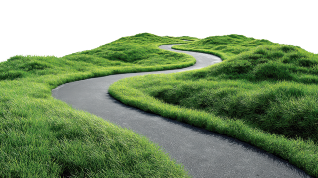 Winding road meandering through verdant hills, revealing scenic landscape with clean backdrop, ideal for graphic design compositions