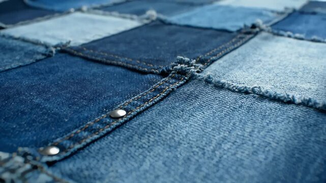 Denim patchwork tiles with stitched seams and daylight texture