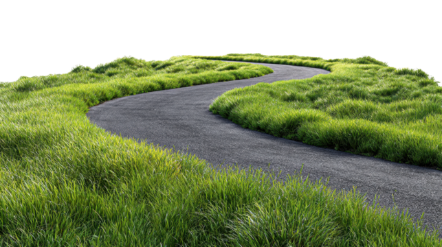 Winding asphalt road cutting through verdant grasslands, featuring smooth curve and isolated transparent background for versatile graphic design applications