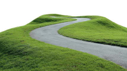 Serpentine asphalt roadway curving through verdant grassy rolling landscape, presenting scenic driving route with serene natural environment and open horizons
