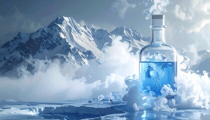 Obraz premium A glass bottle filled with a vibrant blue liquid sits amidst swirling frost and ice on a frozen landscape, framed by majestic snow-capped mountains.