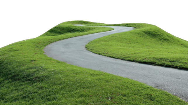 Serpentine asphalt roadway curving through verdant grassy rolling landscape, presenting scenic driving route with serene natural environment and open horizons