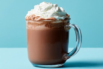 In a cozy setting, a glass mug containing rich hot chocolate and whipped cream is carefully presented