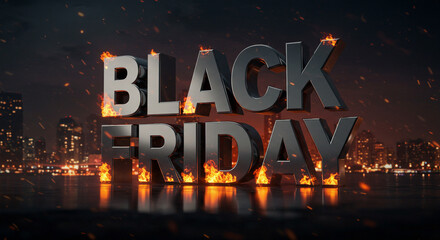 Black friday sale promotion with burning city skyline on dark background