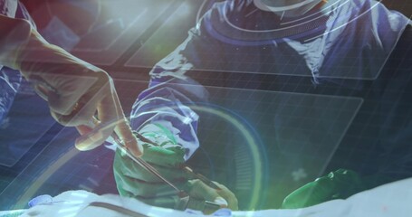 Executing incision with forceps and scalpel by scrubbed surgeons in OR, with AR imaging grid