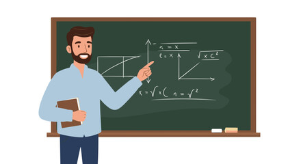 Enthusiastic Male Teacher Explaining Mathematical Formulas on a Chalkboard in a Classroom Setting