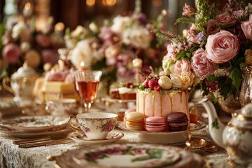 Elegant tea party with cakes, macarons and beautiful floral arrangements. Ideal for invitations, greeting cards, or content about luxury lifestyle.