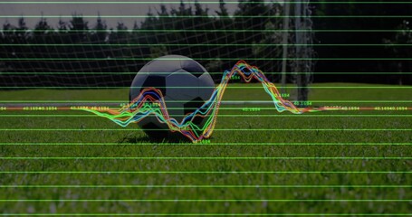 Naklejka premium Displaying soccer ball on grass sports field with grid overlay, waveform and numeric annotations