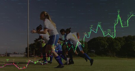 Sprinting female soccer team in white-blue kit across grass field with financial chart overlay