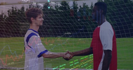 Obraz premium Male soccer players shaking hands near grass field goal net, with jerseys and cleats