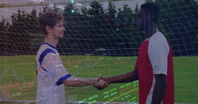 Male soccer players shaking hands near grass field goal net, with jerseys and cleats - Powered by Adobe