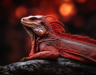 Fototapeta premium a captivating red dragon is shown in a resting position its fiery gaze and intricate scales highlighting its majestic presence in a dark and foreboding atmosphere