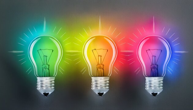 colorful glowing lightbulbs on gray background