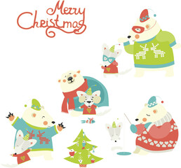 Set of cute polar bear and funny arctic fox. Vector illustration