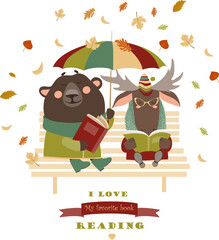 Cute bear and funny elk reading books on bench. Vector isolated illustration