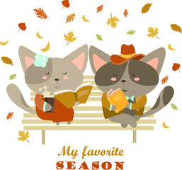 Couple of cats sitting on bench reading books and flirting. Vector isolated illustration