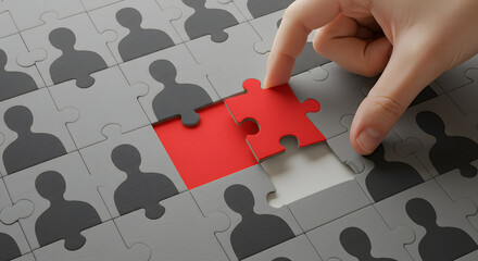 Hand placing a red puzzle piece into a grid of grey silhouette figures representing people