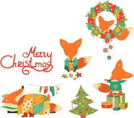 Fototapeta premium Cute little fox celebrating Christmas. Vector collection