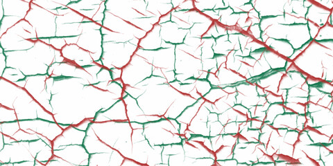 A red, green and white vintage of a cracked wall, cracked red paint on a white background, White and red patterned natural details textured background for interior Home Decoration or product design