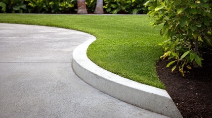 Concrete landscape edging defining sharp boundary between verdant lawn and paved driveway, highlighting meticulous garden design and landscaping precision