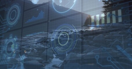 Obraz premium Displaying translucent interface overlay over rocky shoreline at sunset, with HUDs and line charts